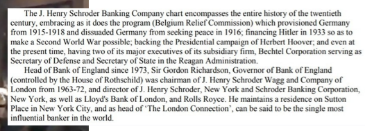 Schroder Bank under the dictatorial eye of Rothschild in collusion with their Fed/City of London putsch including Sovereign Military Knights of Malta, and Skull & Bones ...have pretty much enslaved all of the Americas financially, physically & spiritually ...inventing the great reset to rid the world of blacks, browns & whites, yellows greens in blues is what they've been doing for 1,200 years.