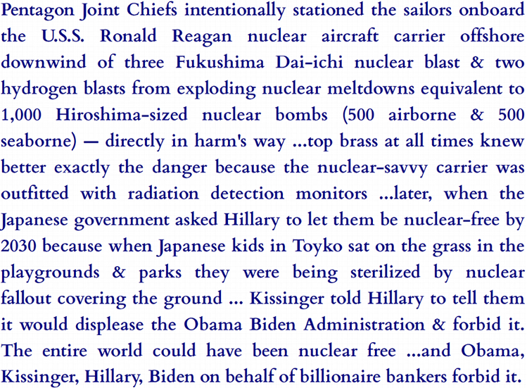 City of London's military industrial complex (including the Pentagon) intentionally puts Navy aircraft carrier crew in harm's way to test how the crew is affected by nearby nuclear explosion & three nuclear reactor meltdowns