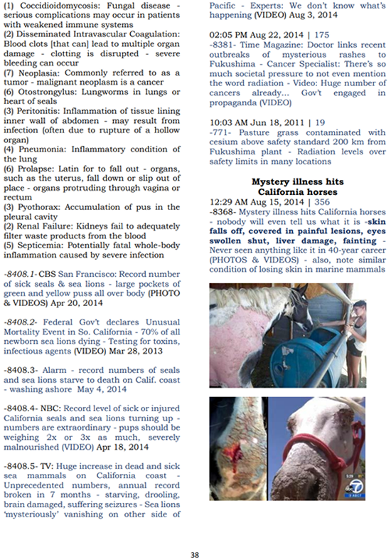 Mysterious illness never seen before hits west coast horses and race horses living in Northern- and Southern California by the coast where rain-though has brought airborne radiation fallout and hot particles down on the fields and grass and crops and hay that horses eat and into the water they drink. Scientific studies from Chernobyl prove that nuclear radiation mutates bacteria and viruses into new and mysterious forms never seen before that make new and mysterious diseases never before seen.