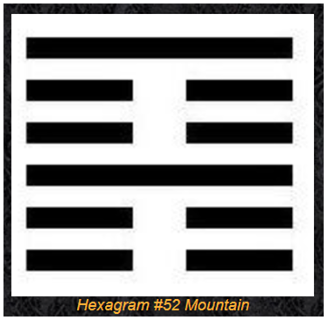In the I-Ching book of divination: shown is the hexagram for 'Mountain' = keeping still. THE IMAGE Mountains standing close together: The image of KEEPING STILL. Thus the superior man does not permit his thoughts to go beyond his situation. The heart thinks constantly. This cannot be changed, but the movements of the heart-that is, a man's thoughts-should restrict themselves to the immediate situation. All thinking that goes beyond this only makes the heart sore.