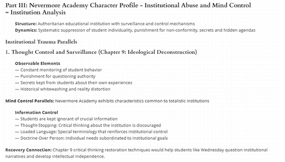 Our institutional analysis of Nevermore Academy as a mirror image of Bibi Netanyahu's genocide of Palestinian children supported by our teachers and our mainstream news and our Congress of murderers ...welcome to the horror museum that is Wednesday Season 1 and good luck on discovering your authentic self free from mind control.